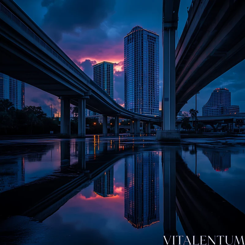 Night Scene with Urban Architecture and Colorful Sky Reflections AI Image