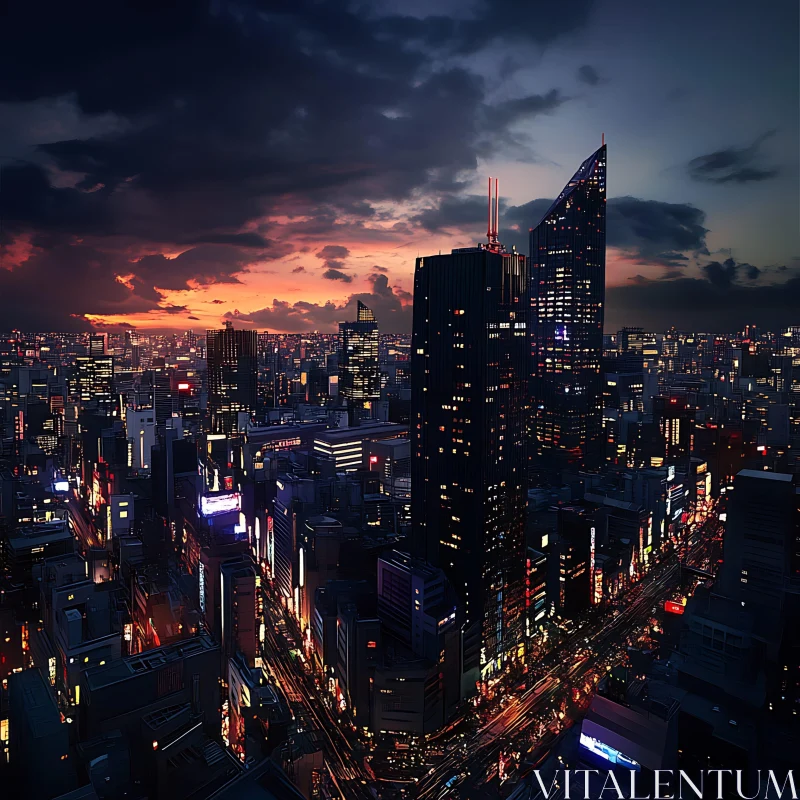 Neon-Lit Urban Skyline at Dusk AI Image