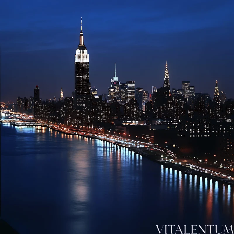 Nighttime Urban Skyline with Reflections on River AI Image