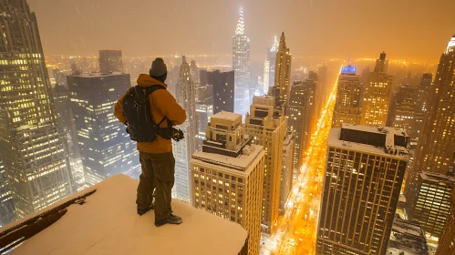 Winter Night Cityscape with Illuminated Skyscrapers