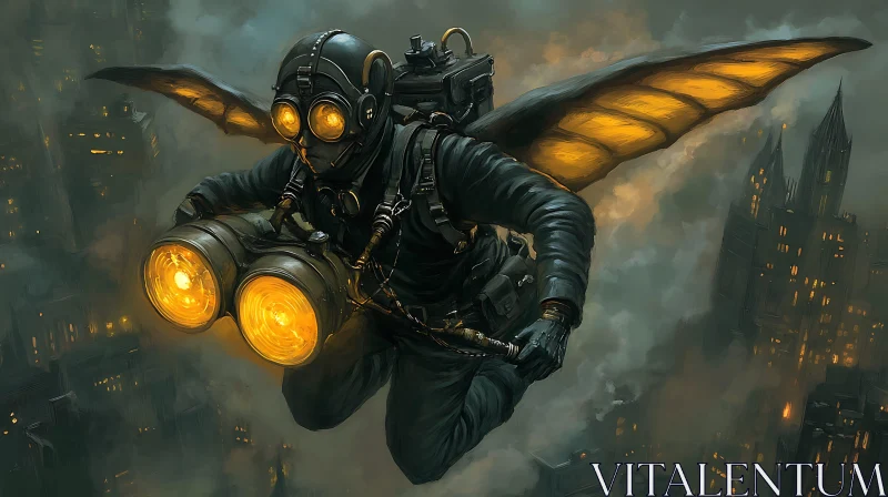 Cyborg with Mechanical Wings Soaring Over a Nighttime City AI Image