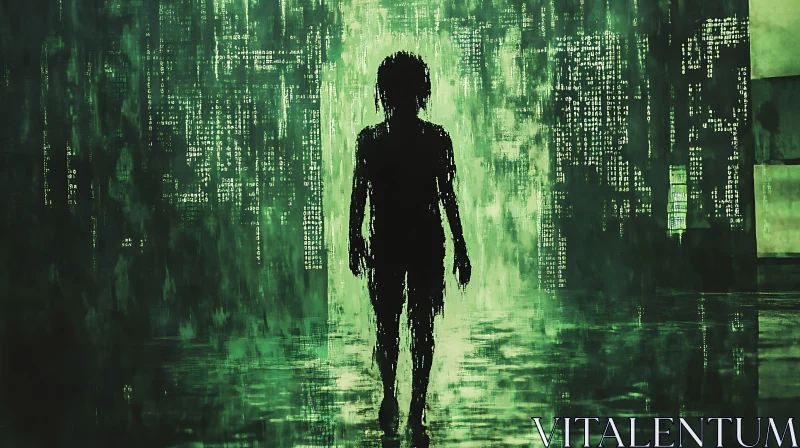 Abstract Digital Silhouette in Green Matrix Code AI Image