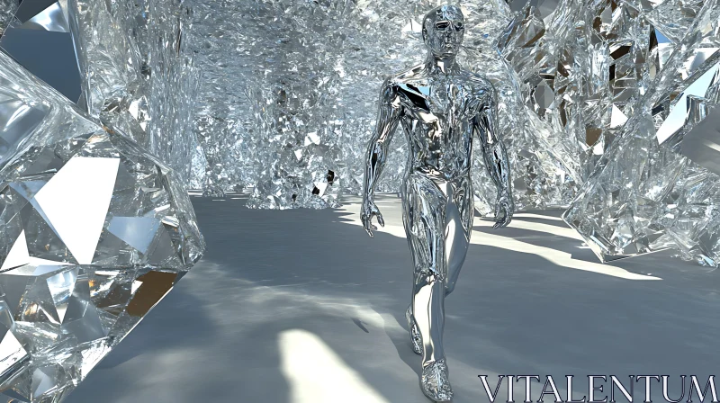 Reflective Metallic Figure in a Crystal World AI Image