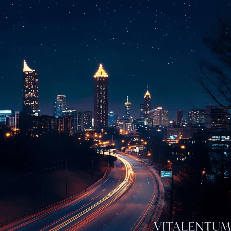 Night Cityscape with Illuminated Buildings and Traffic AI Image