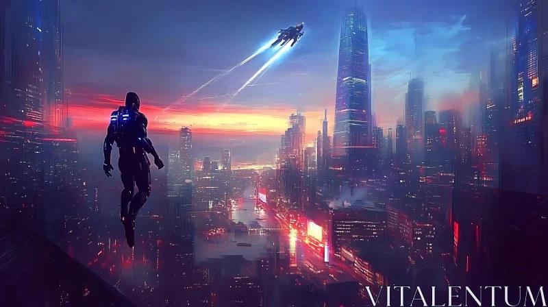 Cyberpunk Skyline at Sunset Featuring Floating Human and Advanced Aircraft AI Image