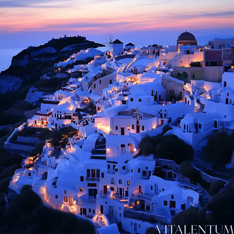 AI ART Santorini at Dusk: Night Lights and White-Washed Charm