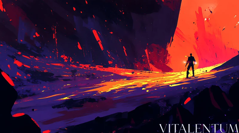 AI ART Silhouette Exploring Fiery Surreal Landscape