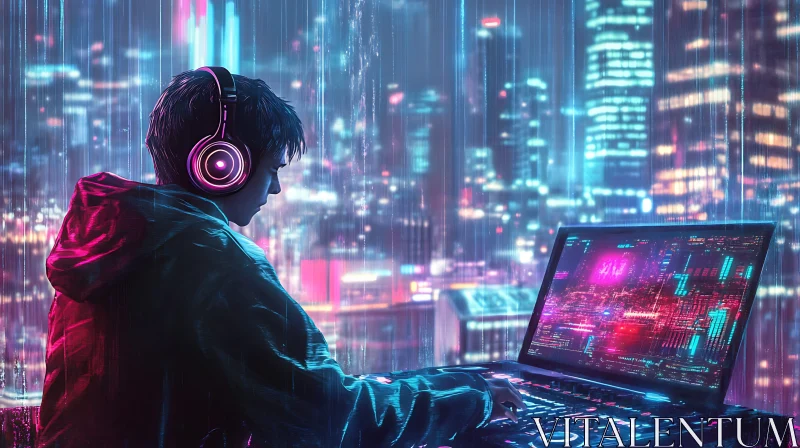 Cyberpunk Scene with Neon Lights and Technology AI Image