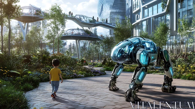 Child and Robot in Futuristic Green Urban Park AI Image