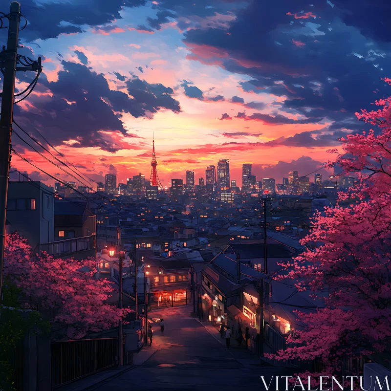 Evening Urban Scene with Blossoms and Skyline AI Image