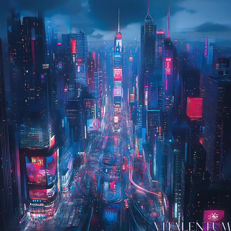 Night View of Neon-Lit Cityscape AI Image