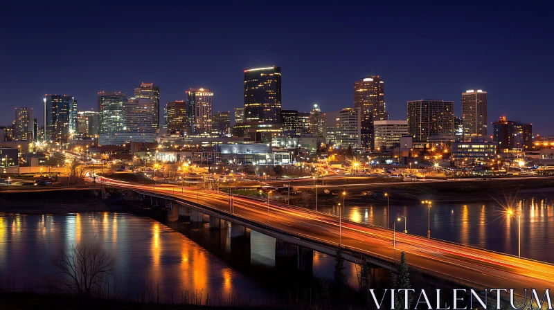 City Skyline at Night with Lighted Bridge and River Reflection AI Image