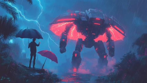 Man Confronts Robot in Stormy Landscape