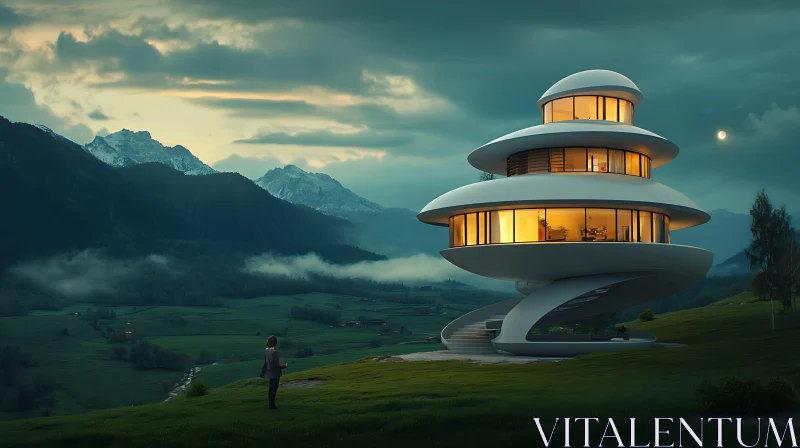 AI ART Modern Spiral House with Mountain View at Dusk