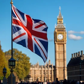 Big Ben with Union Jack Flag in Foreground