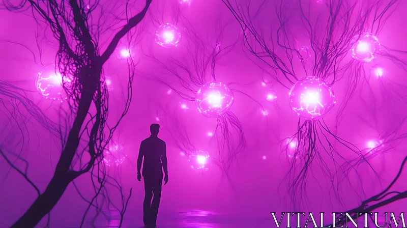 AI ART Mystical Purple Light Spheres and Silhouette