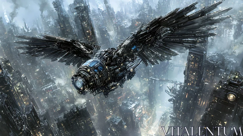 Cyberpunk Metallic Bird Flying Over City AI Image