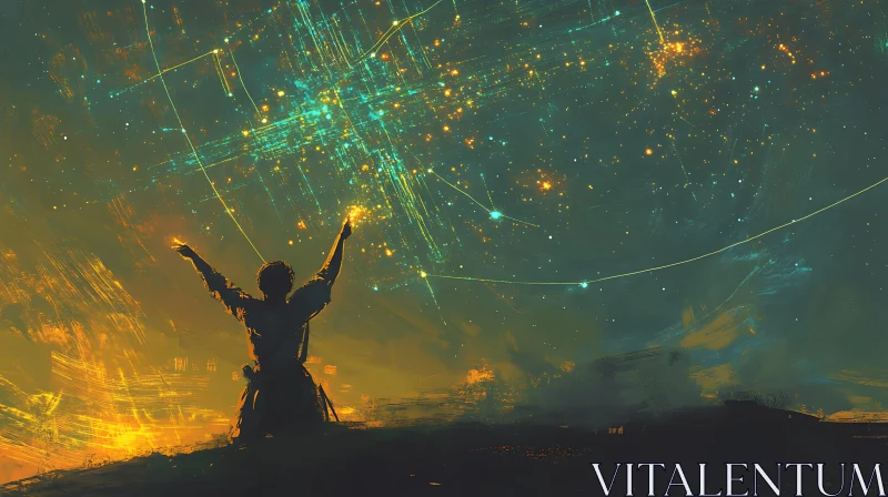 Person Reaching Towards the Stars in a Digitally Painted Night Sky AI Image