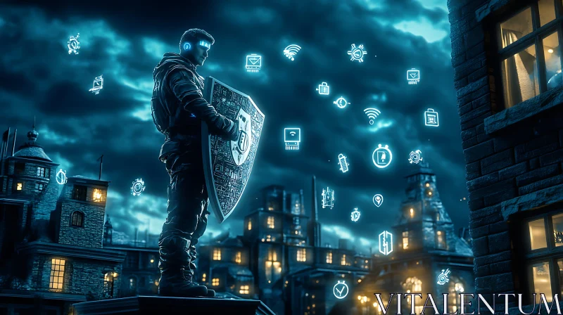 Cybernetic Protector Overlooking a Digital City AI Image