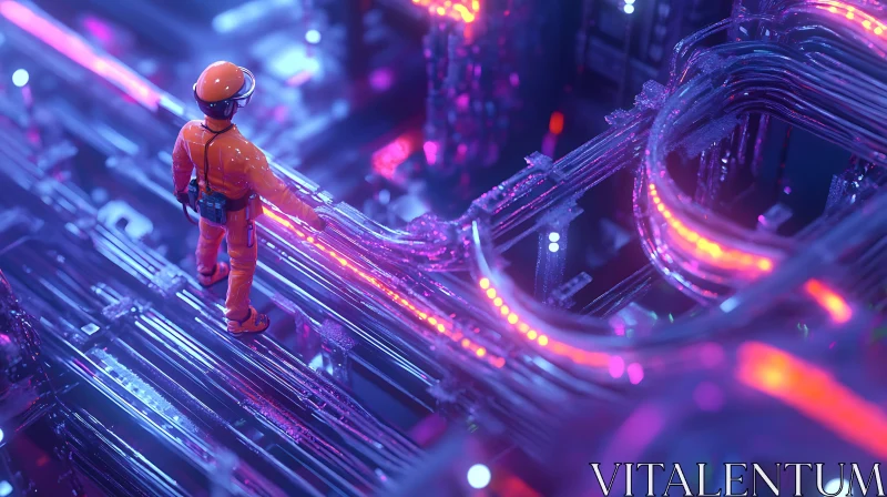 Cyber Explorer Amidst Neon Structures AI Image