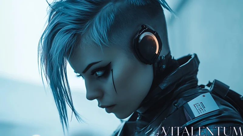 Futuristic Individual with Blue Hair and Headphones AI Image