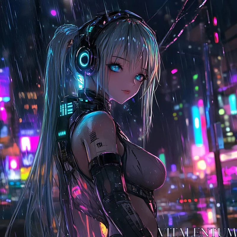 Animated Cybernetic Character in Futuristic Neon City AI Image