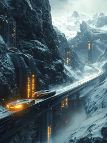 Sci-Fi Highway Through Snow-Capped Mountains