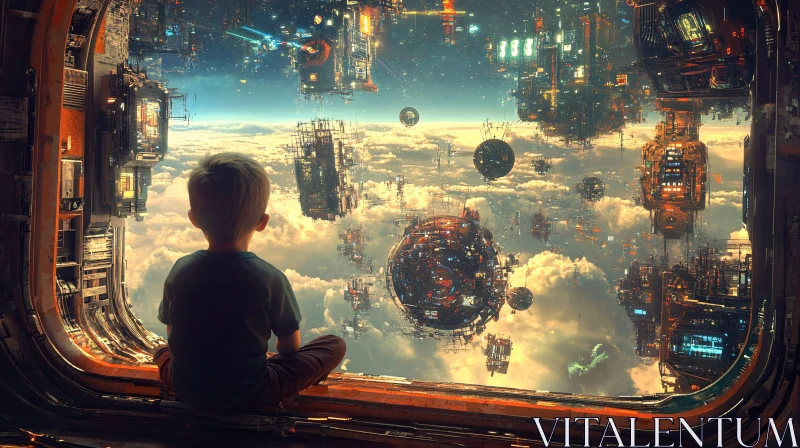 Wonderstruck Child Observing Advanced Floating City AI Image