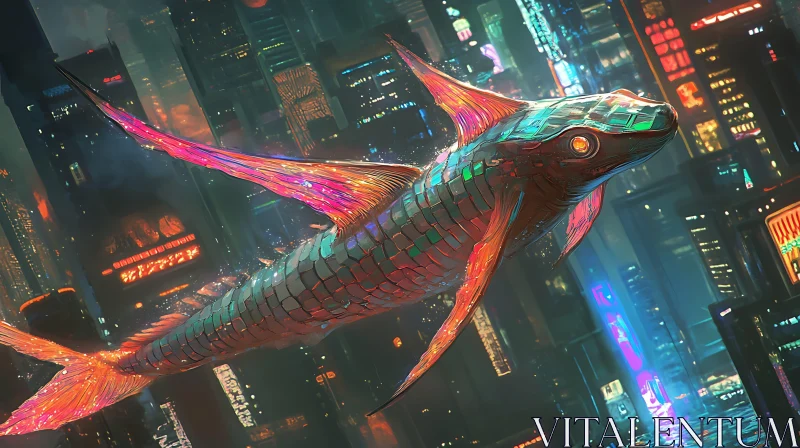 Neon Fish in Cyberpunk City AI Image