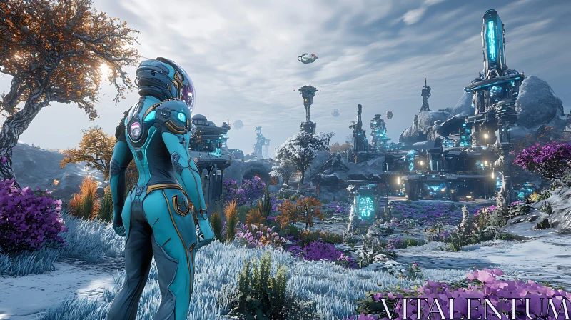 Sci-Fi Spacesuit in High-Tech Alien Environment AI Image