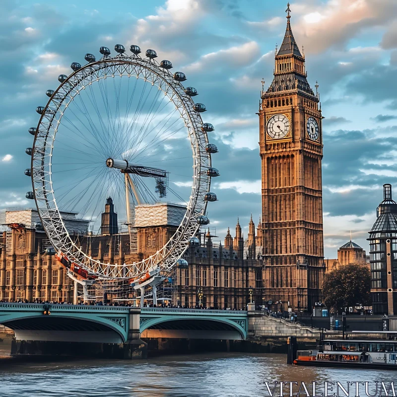 Famous London Architecture: The London Eye and Clock Tower AI Image