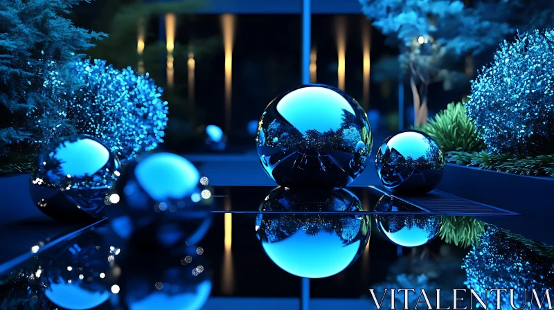 Modern Reflective Blue Sphere Art Installation AI Image