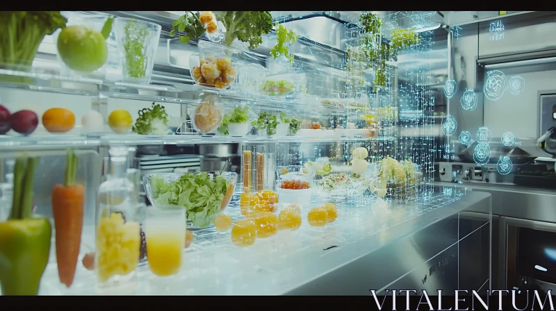 Modern Kitchen with Virtual Food Interfaces AI Image