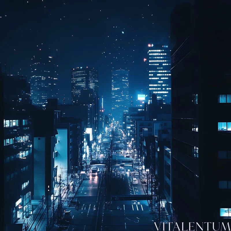 Nocturnal City with Blue-Hued Lights and Skyscrapers AI Image