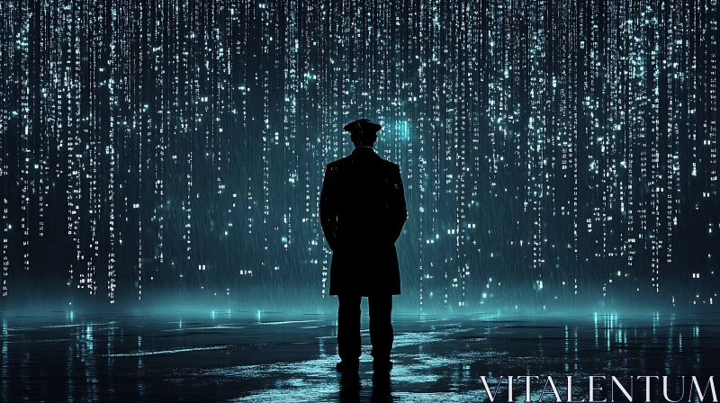 Silhouette in Digital Rain AI Image