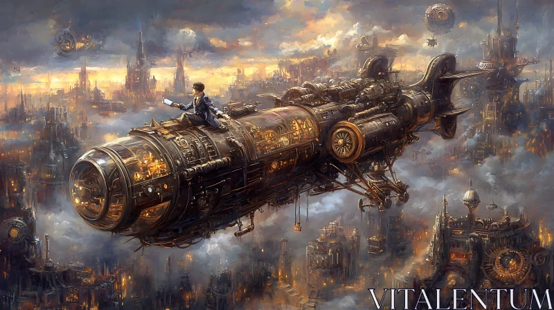 Steampunk Airship in Futuristic Sunset City AI Image