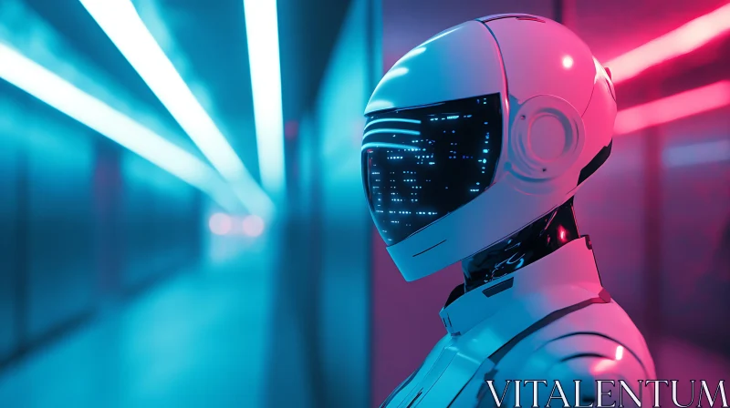 Neon-Illuminated Cyborg in Futuristic Corridor AI Image