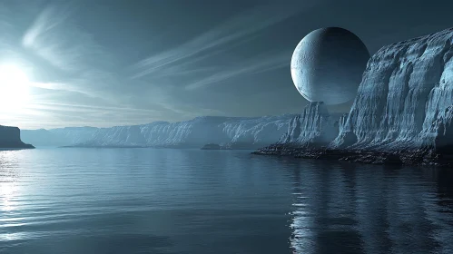 Otherworldly Ice Landscape and Gigantic Planet