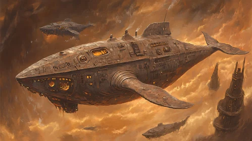 Steampunk Whale Spaceships Soaring in Orange Clouds