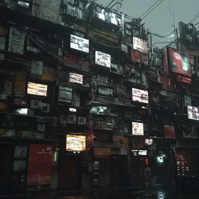 Dystopian Rainy Cityscape with Neon Screens