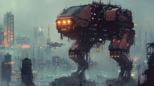 Futuristic Robot in Foggy City