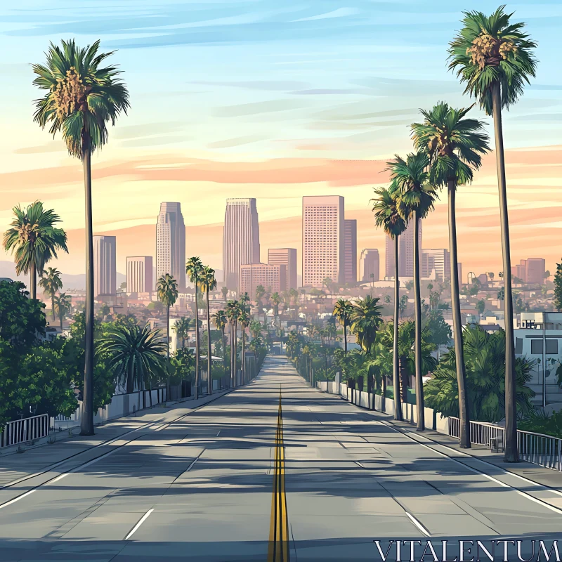 AI ART Urban Road Leading to Downtown with Palm Trees