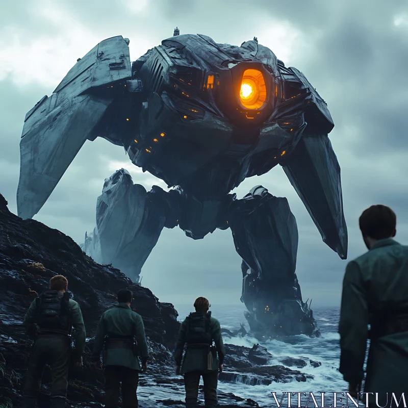 Colossal Mechanized Guardian by the Sea AI Image