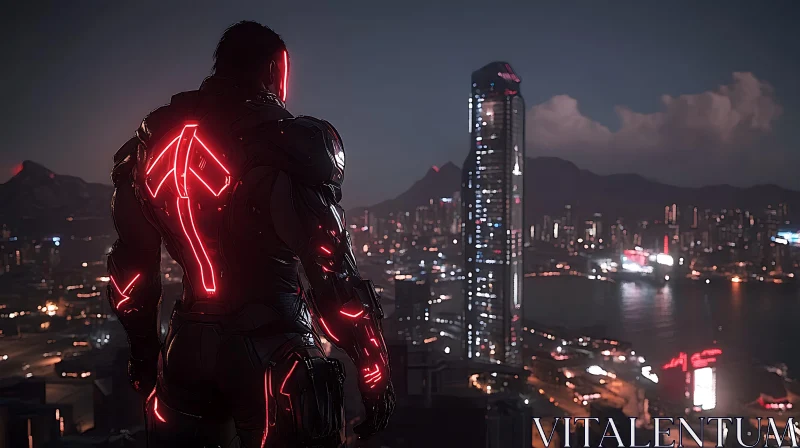 AI ART Neon-Lit Cyberpunk Figure Over City