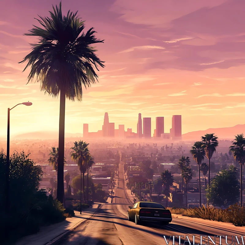 Urban Scene at Dusk with Palm Trees and a Car AI Image