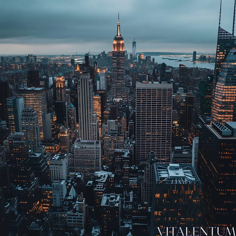 AI ART Illuminated Cityscape with Skyscrapers at Dusk