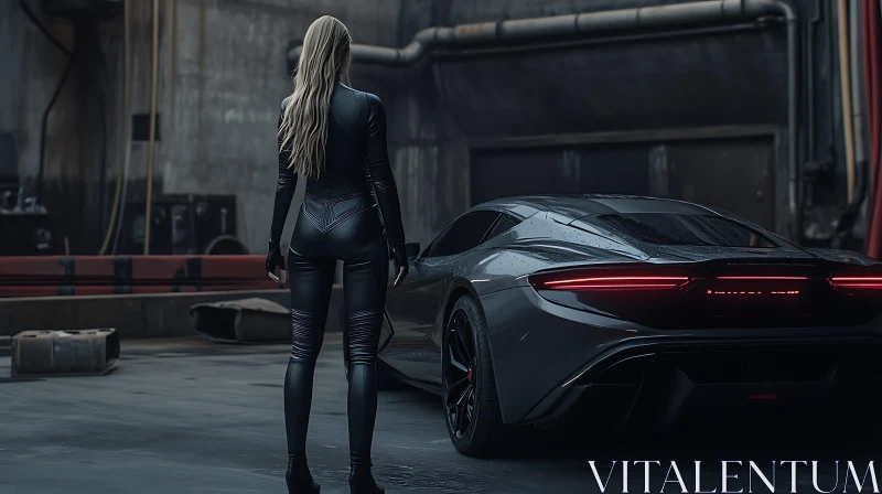 AI ART Sleek Futuristic Car and Mysterious Woman in Garage