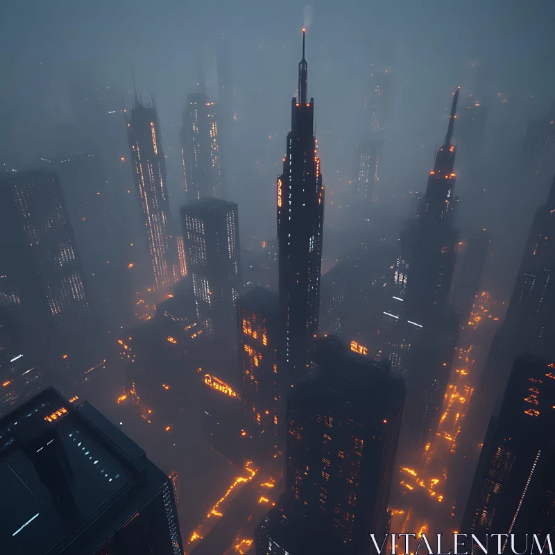 AI ART Cyberpunk City in Foggy Night