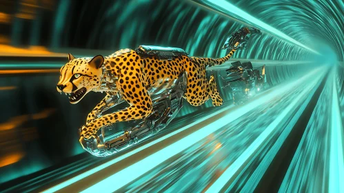 High-Speed Cyborg Cheetah in Neon Tunnel