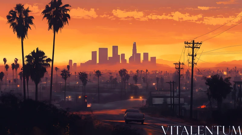 AI ART Urban Sunset with Palm Tree Silhouettes